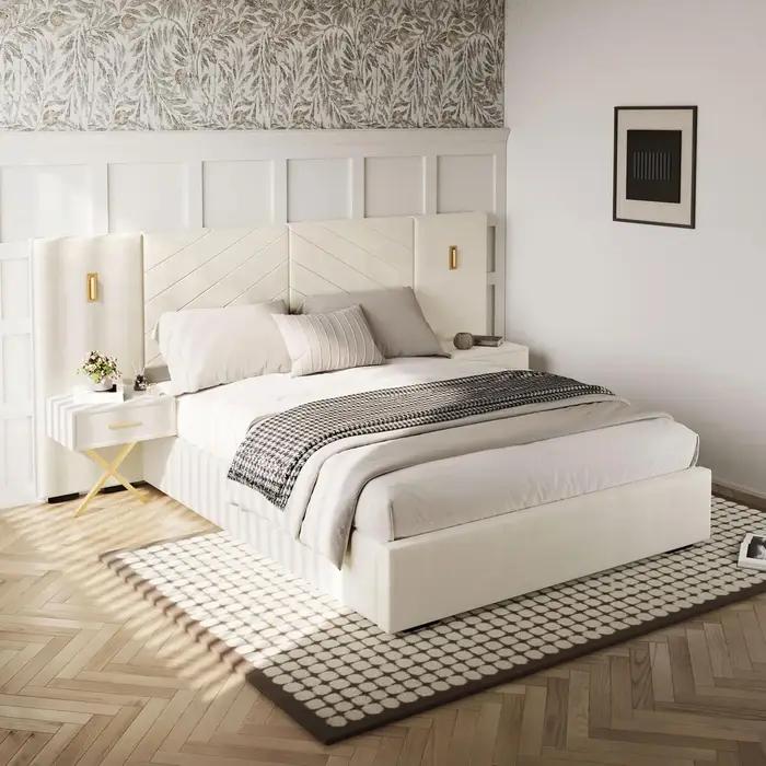 Cadre de lit Queen de luxe avec éclairage LED doré intégré et tables de chevet, tête de lit capitonn