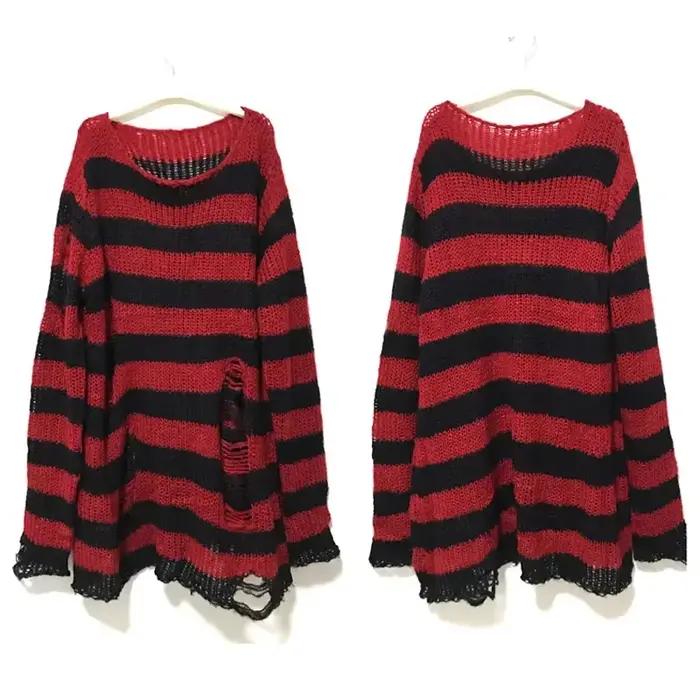 Nouveau automne Punk gothique Long unisexe pull femmes rayé Cool évider trou cassé pull ample Rock m