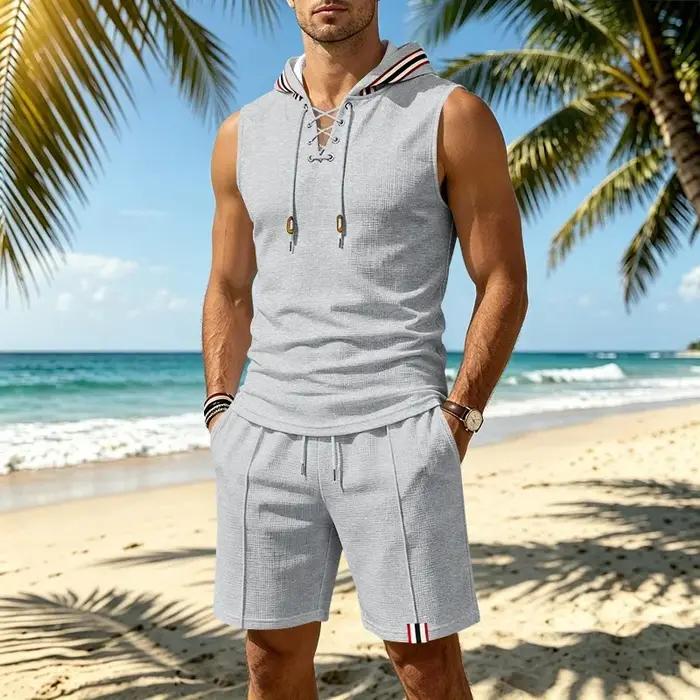 Nouvel ensemble de vêtements d'été pour hommes en deux pièces : haut à capuche sans manches +
