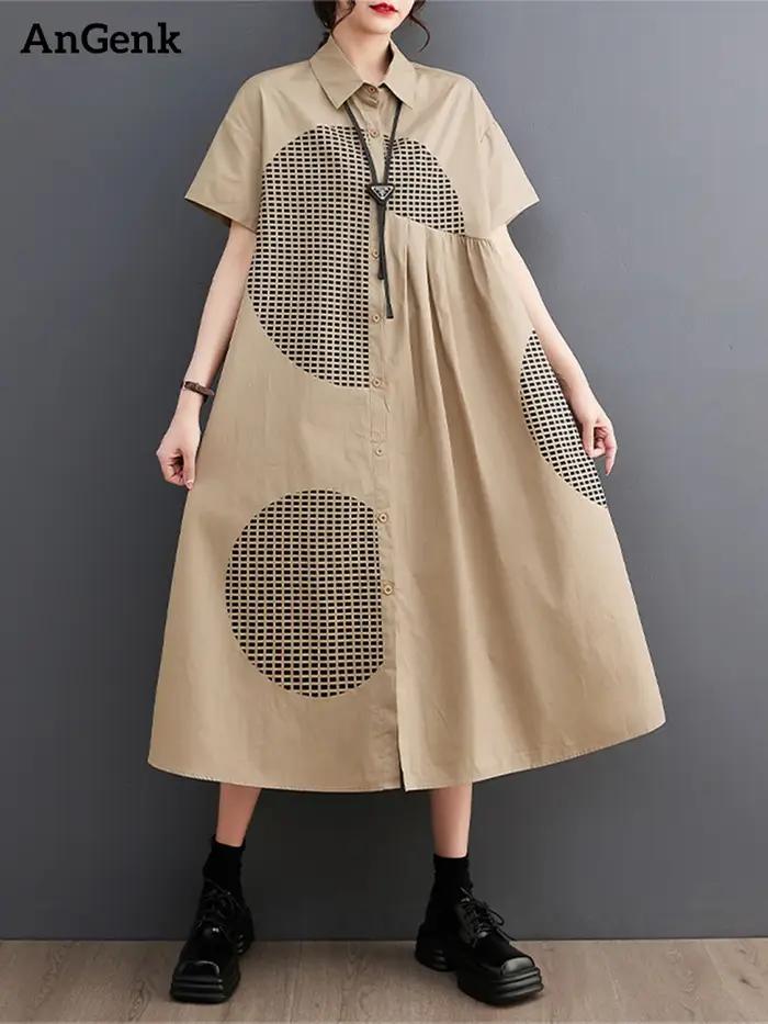 Robes chemises amples à manches courtes imprimées vintage pour femmes – Tenue décontractée longue et