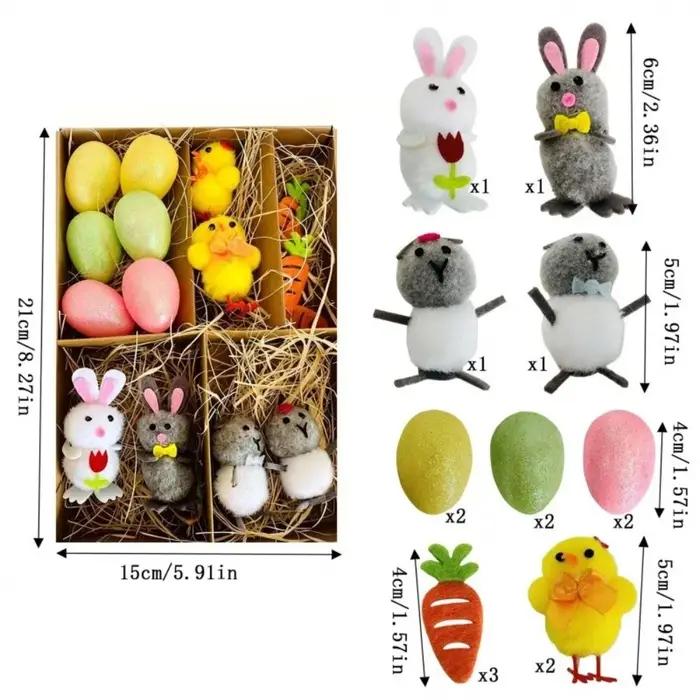 Ornement de Pâques amusant et joyeux : Œufs de Pâques, poussins et figurines de lapins réalistes et mignonnes, faites à la main, pour la décoration de Pâques et les fêtes