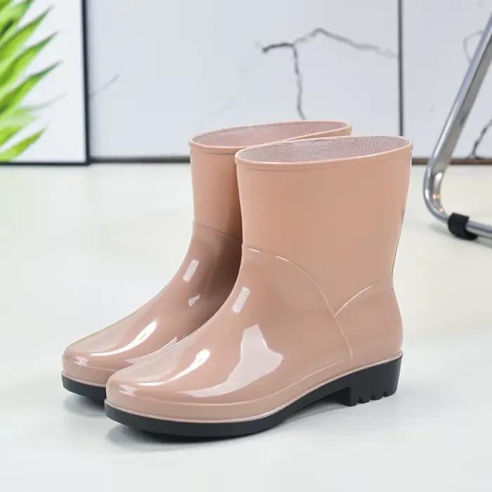 Bottes de pluie mi-mollet pour femmes, imperméables, antidérapantes, chaussures de sécurité de travail, résistantes aux acides, en PVC, confortables, talon épais, extérieur