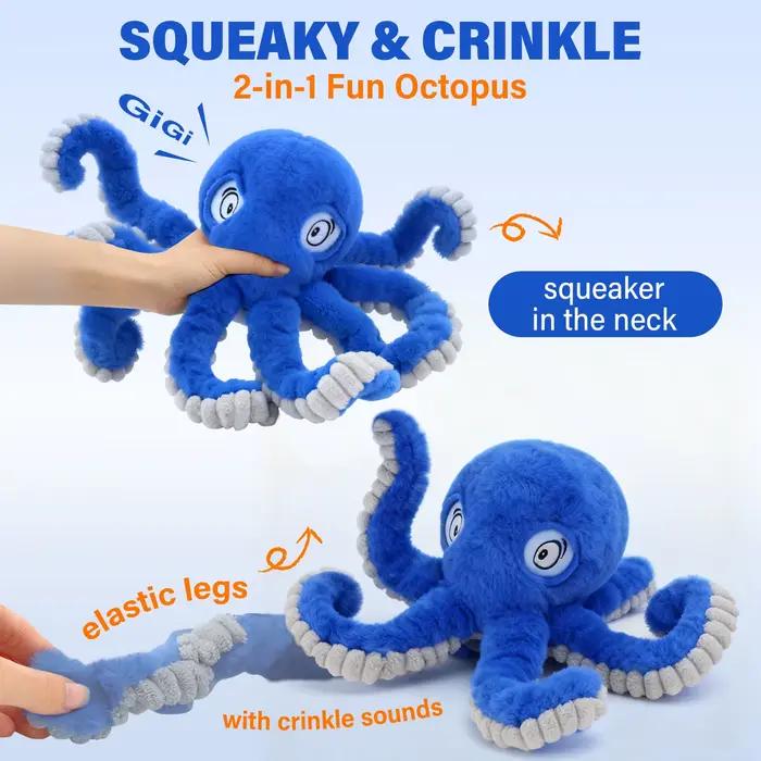 Jouet couineur Octopus en peluche courte pour chiens et chiots, avec bruit froissé, pour le jeu interactif et les moments de tir à la corde en famille