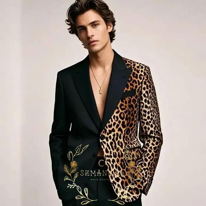 Costumes noirs formels homme imprimé léopard revers à pointe coupe cintrée veste 2 pièces pantalon mariage smoking vêtements masculins occasions spéciales