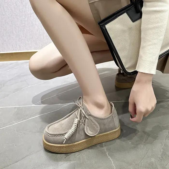 Mocassins pour femmes en daim et cuir véritable, plateforme, style britannique, à lacets, chaussures