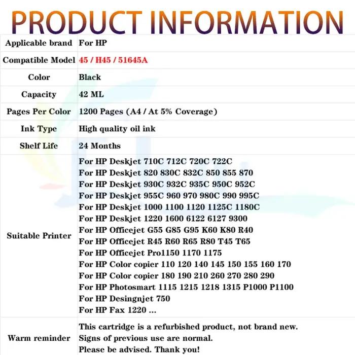 Cartouche d'encre noire remanufacturée pour imprimante jet d'encre HP 45 HP45, compatible avec HP 51645A.