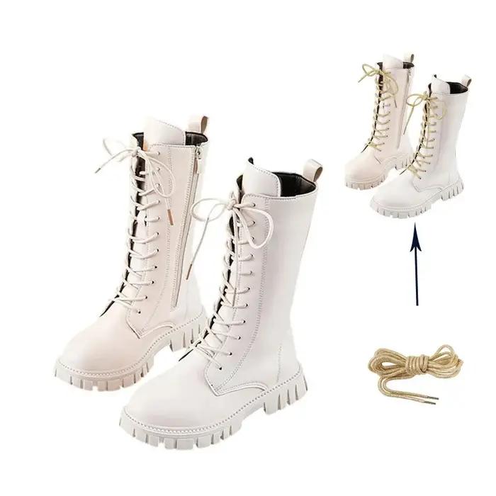 Bottes mi-mollet en cuir blanc à lacets pour filles, avec fermeture éclair latérale, semelle souple,
