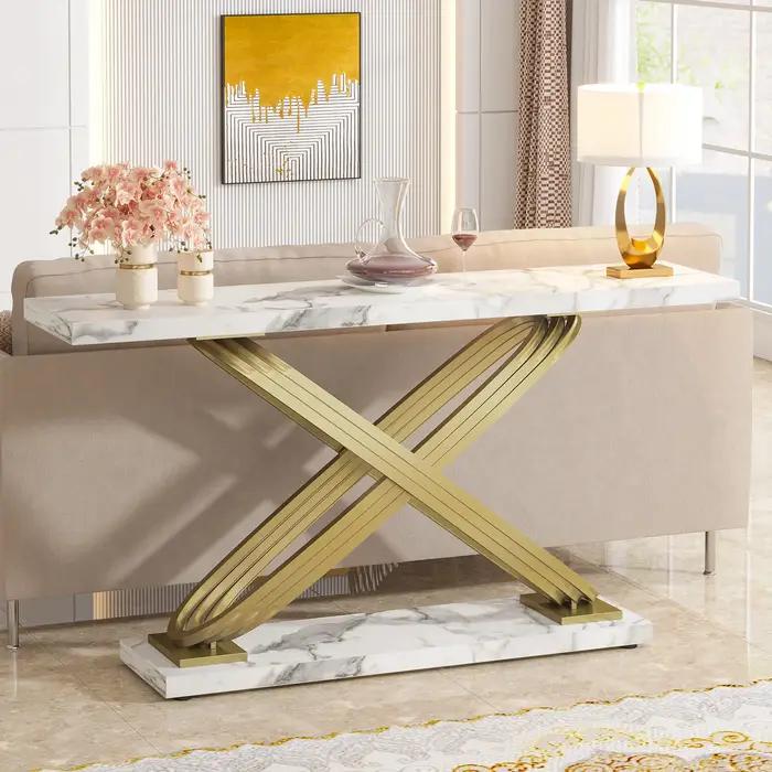 Tribesigns-Table console moderne de 55 pouces, table d'entrée en faux marbre doré derrière le canapé