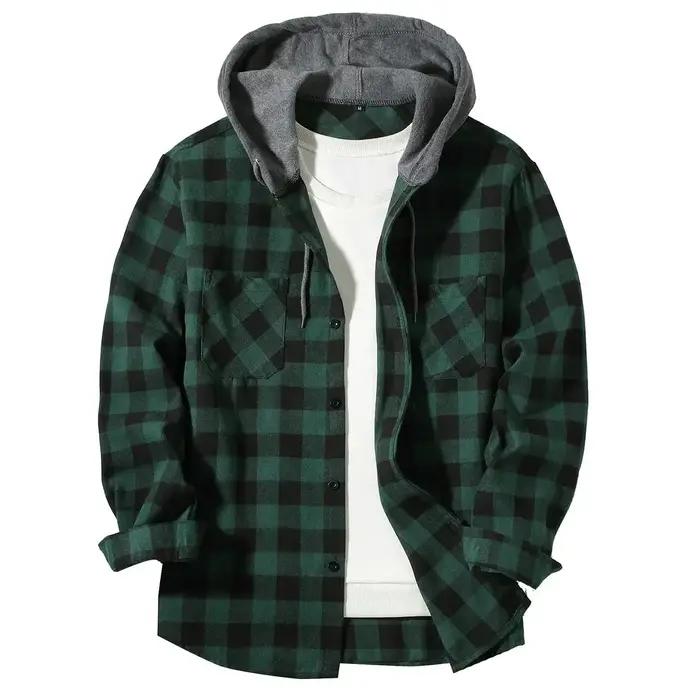 Hommes d'affaires printemps et automne Patchwork Plaid boucle décontractée à capuche à manches longues Double poche chem