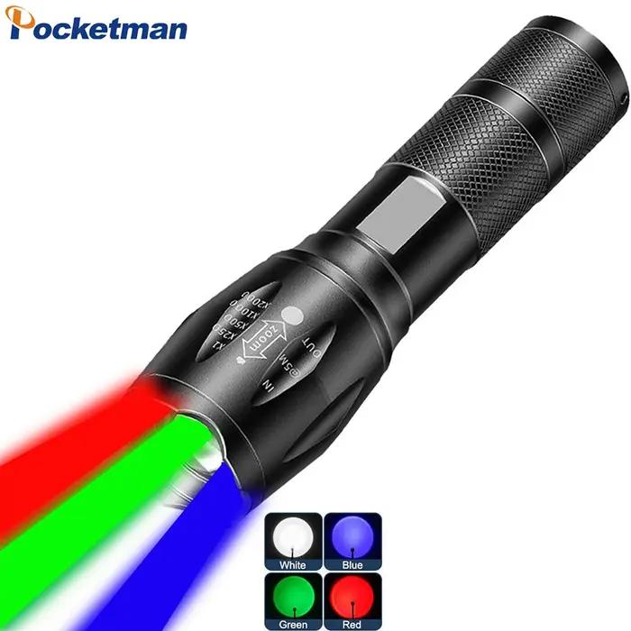 Multicolore 4 couleurs en 1 LED blanc rouge bleu vert bleu lumière 4 Modes Zoomable lampe de poche t