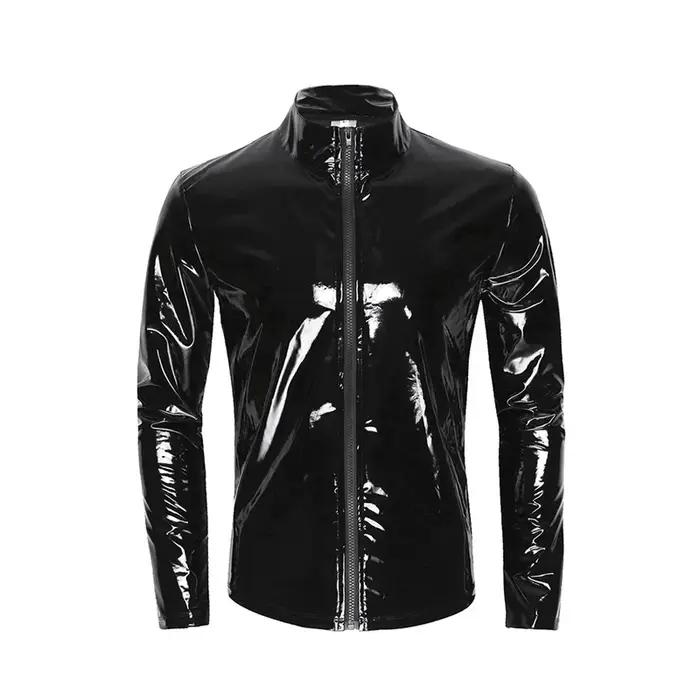Nouveaux hommes Cardigan à fermeture éclair col montant chemise PVC brillant en cuir verni Sexy serré extensible Latex