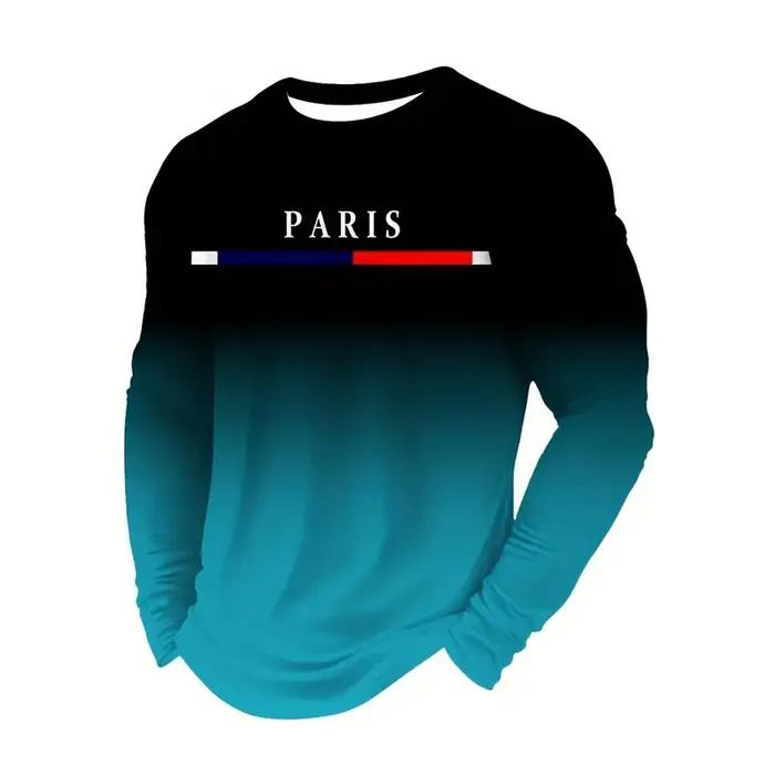 Texte Paris France solide décontracté à manches longues T-shirt pour hommes vêtements Sport Fitness respirant lâche