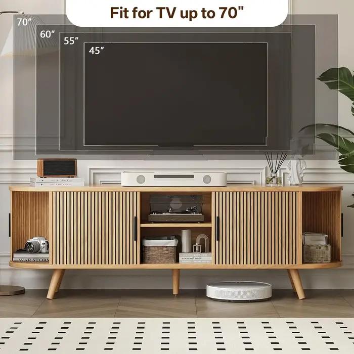 Meuble TV cannelé de 62 pouces de style Mid-Century avec porte coulissante, étagère réglable, consol