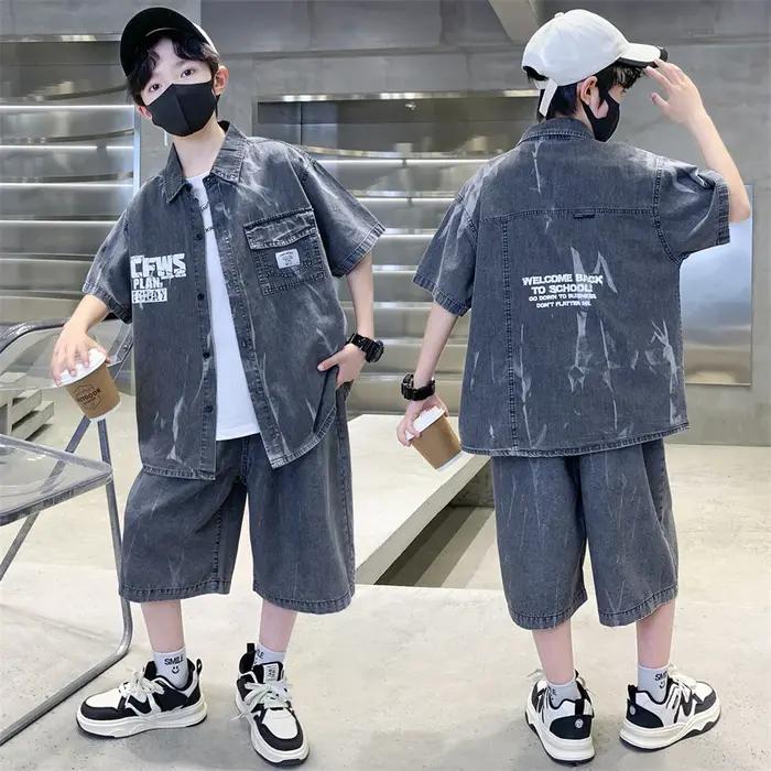 Ensemble d'été cool pour garçons, haut et bas en denim, chemise à manches courtes et short, 2 pièces