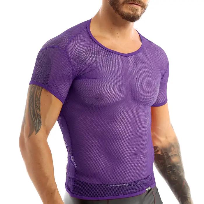 MSemis-T-shirt en résille transparent pour homme, haut en maille, sous-vêtement précieux musculaire,