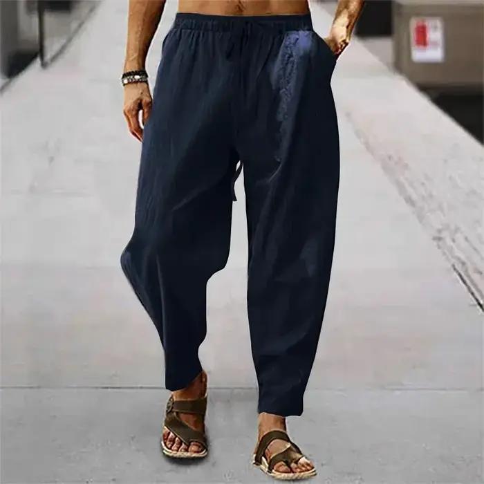 Nouveaux hommes coton lin pantalon été et automne solide taille haute