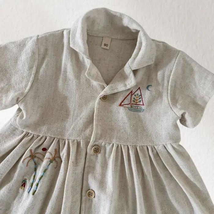 Nouvel ensemble d'été pour enfants style vacances : Robe trapèze en lin brodée bateau à voile pour f