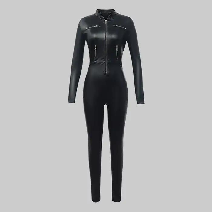 Krisnanas femmes PU cuir combinaisons femme vêtements élégant col à glissière Cool combinaison Leggings une pièce pantal