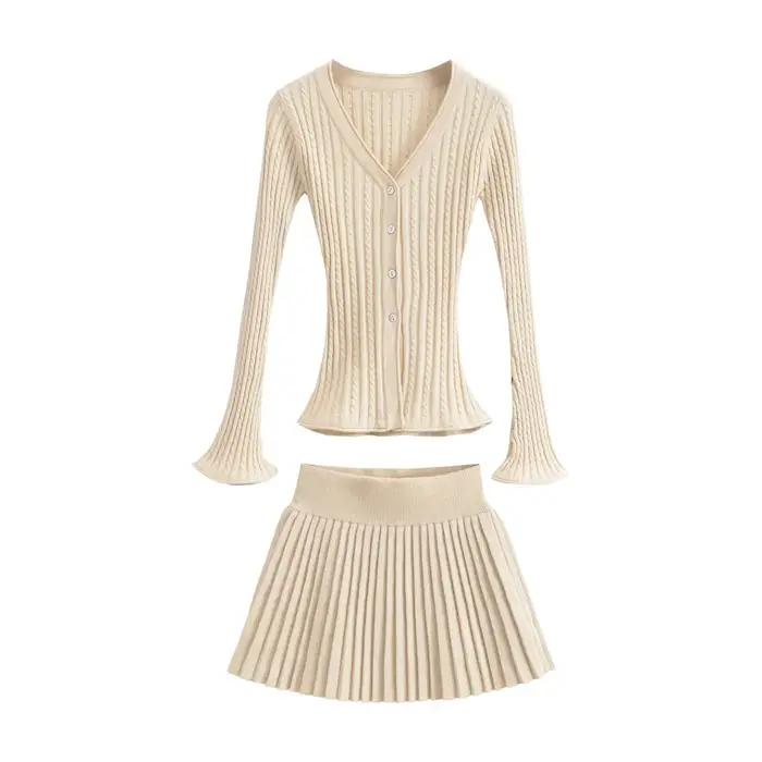 Cardigan en tricot torsadé à col en V style préppy pour femmes automne hiver avec mini-jupe plissée élégant ajustement élastique occasions spéciales