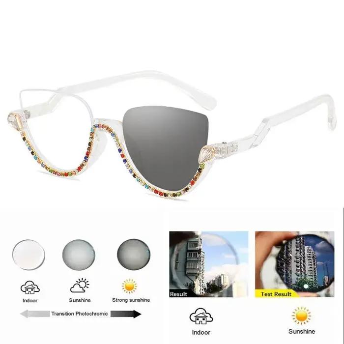 Lunettes de myopie photochromiques œil de chat en strass pour femmes