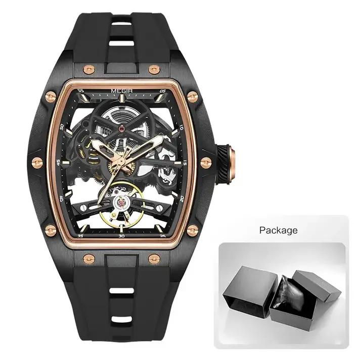 Montre mécanique automatique MEGIR pour homme avec cadran squelette et bracelet silicone étanche sport