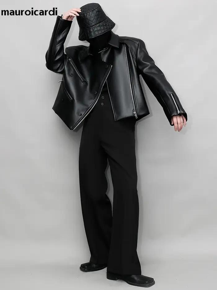 Mauroicardi-Veste en cuir PU pour homme, manches longues, col montant, vêtements de créateur de luxe