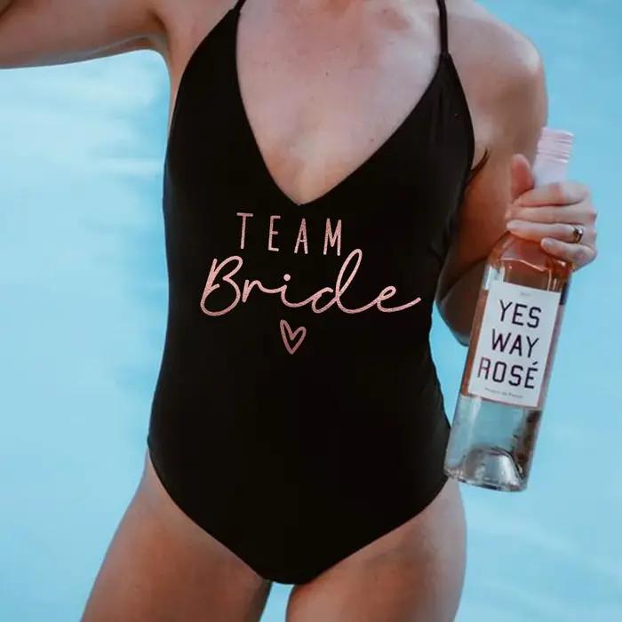 Team Bride & Bride-Maillot de bain une pièce rembourré pour femme, monokini sexy, culotte tanga, dos nu, vêtements de plage
