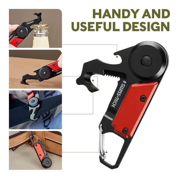 Mousqueton multi-outils de poche 6 en 1 SWISS+TECH avec coupe-boîte, scie, tournevis et ouvre-bouteille pour camping, randonnée et activités de plein air