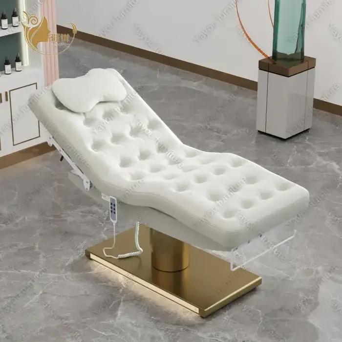 Lit de beauté électrique à 3 moteurs avec Base cylindrique dorée, éclairage LED pour Salon, Spa, cha