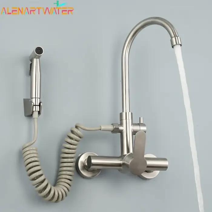 Robinet cuisine mural deux trous acier inoxydable eau froide chaude avec pulvérisateur rotatif balcon