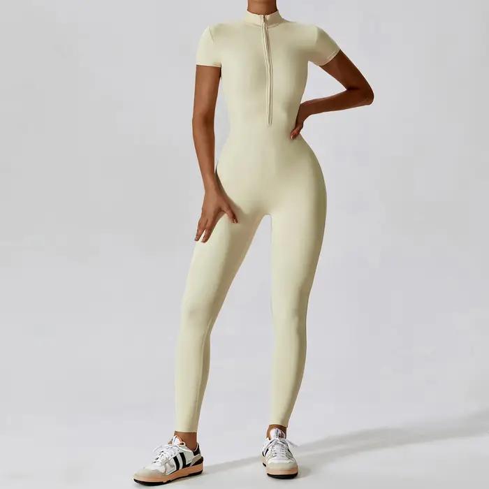 Ensemble de Yoga, combinaisons une pièce pour femmes, fermeture éclair, manches courtes, vêtements d