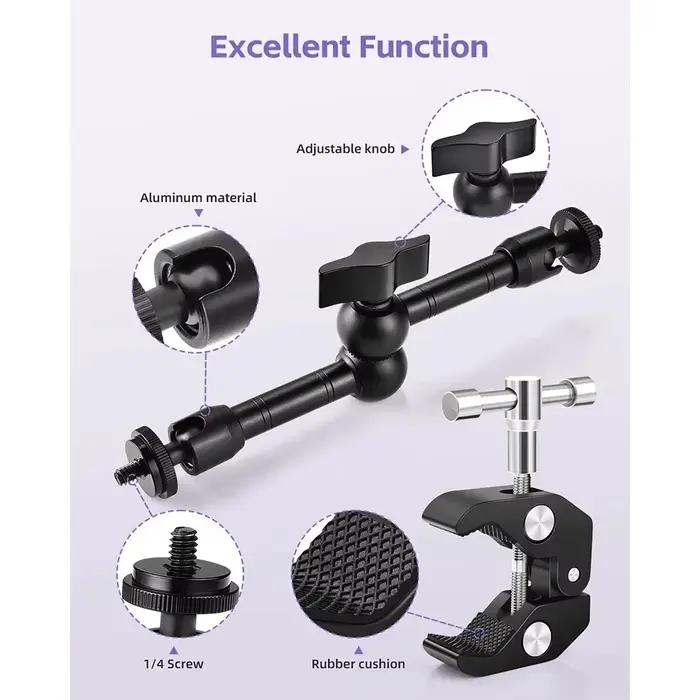 Bras magique réglable avec super pince, bras articulé de 9 pouces, pince à friction, kit de vis à crabe pour caméra, moniteur, lumière