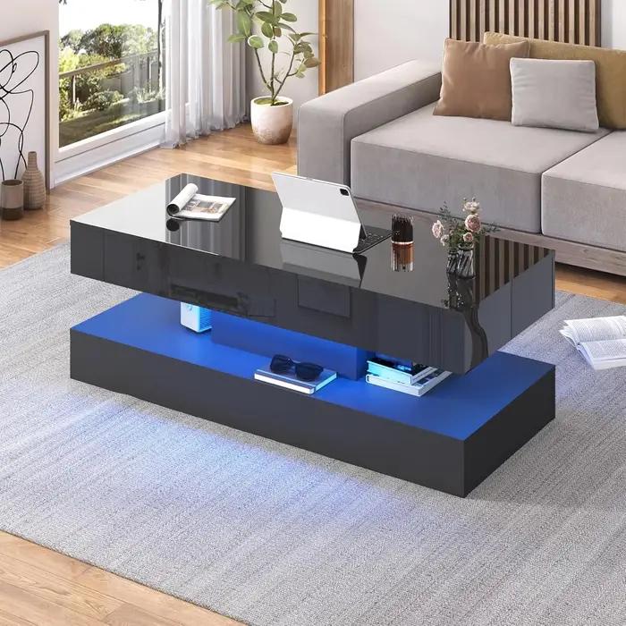 Table Basse LED Moderne avec 20 Couleurs de Lumières et Rangement Double Couches Salon Occasions Spéciales