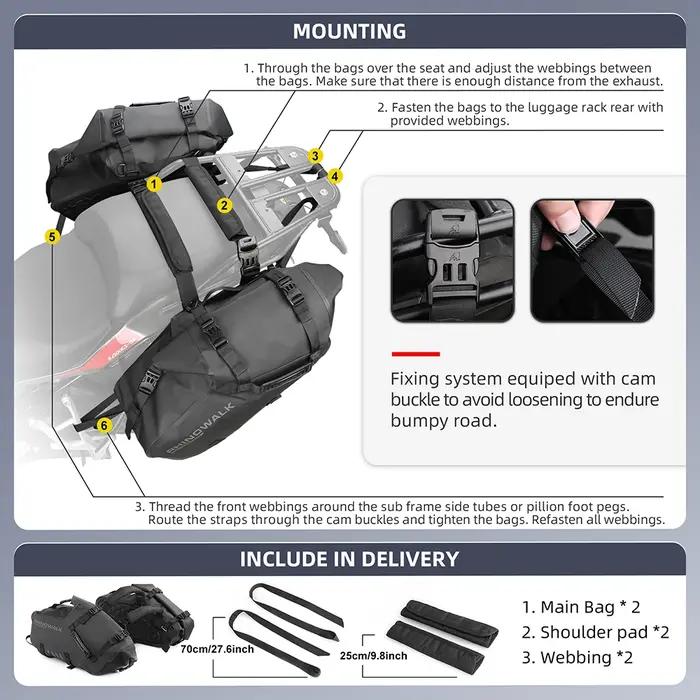 Rhinowalk sac de moto 100% étanche 18L/28L/48L grande capacité 2 pièces ajustement universel moto sa