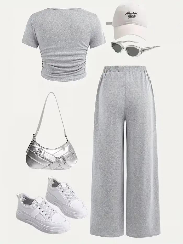 Ensemble 2 pièces en tricot gris pour filles – Haut court froncé à boutons sur le devant et pantalon