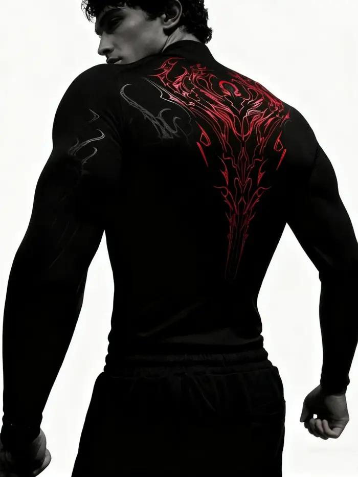 T-shirt de fitness à manches longues pour homme, coupe ajustée, imprimé géométrique, col montant, id