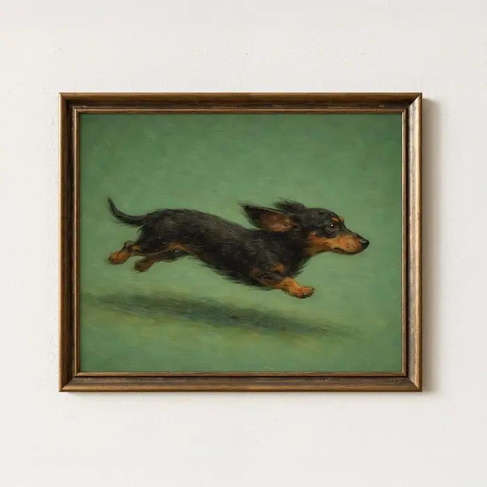 Tableau sur toile style classique 'Dachshund en pleine sautée' - Chien dynamique noir et brun - Impression murale pour salon et décoration intérieure