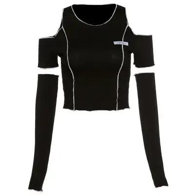 Patchwork noir T-shirts gothique Y2k haut court volants ourlet Hip Hop Techwear femmes