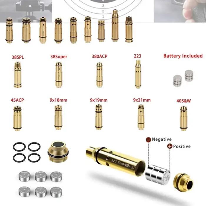 Cartouche de formation laser à point rouge vert pour tir à sec 9mm 380ACP 38SPL 40S&W 223Rem 45ACP 7.62x39 pour entraînement et alignement de canon