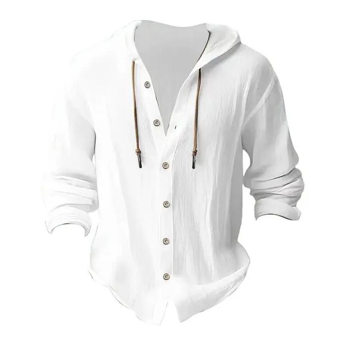 Chemise décontractée de couleur unie pour hommes, cardigan à capuche en coton et lin avec cordon de
