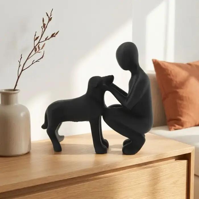 Statues de fille et de chien imprimées en 3D modernes pour décoration intérieure et collection d'animaux de compagnie pour bureau et étagère à livres