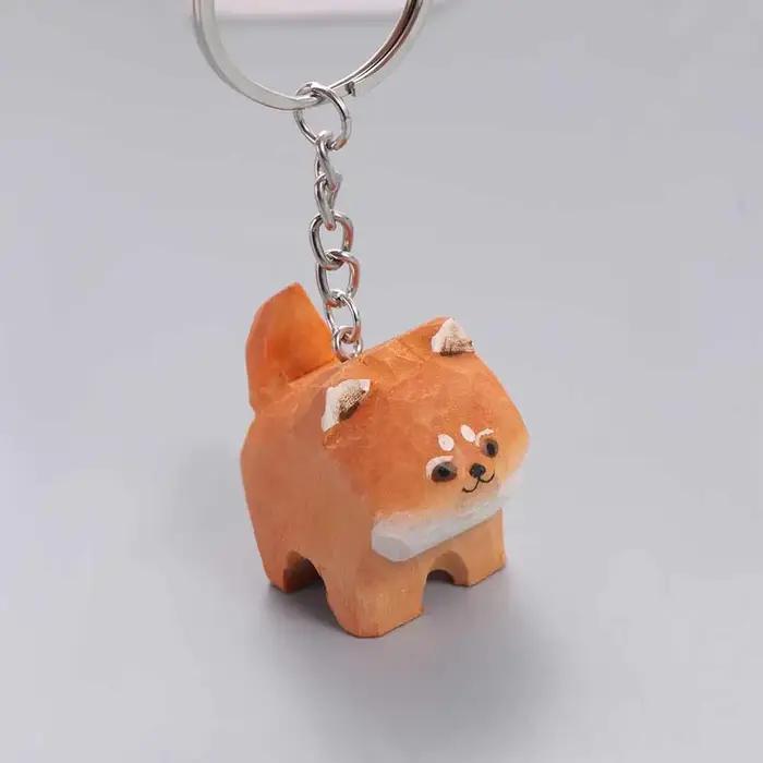 Porte-clés en bois sculpté Akita Husky Kawaii Pendentif Animal Sculpté Main Unisexue Adulte Occasions Spéciales
