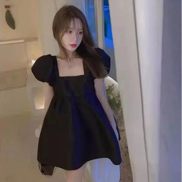 Mini robe de Rhà manches bouffantes pour femmes, robes de princesse noires douces, style français, t