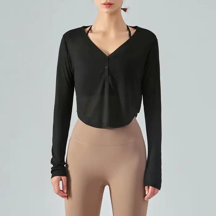T-shirt à manches longues et col en v pour femme