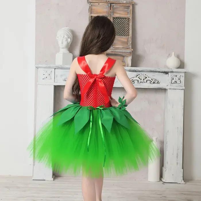 Costume d'Halloween pour filles, robe de fête hawaïenne à fleurs rouges et vertes avec couronne, ten