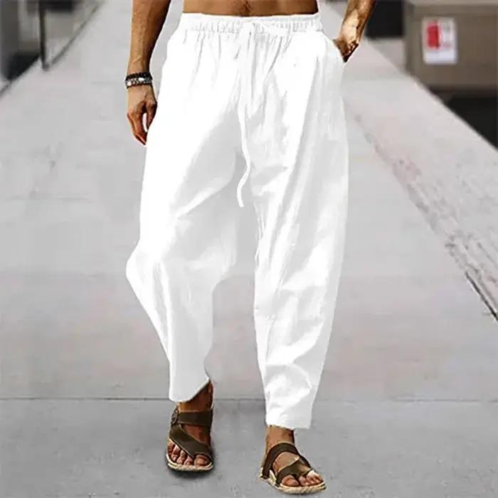 Nouveaux hommes coton lin pantalon été et automne solide taille haute pantalon à jambes larges mâle