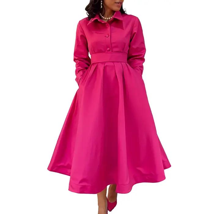 Vêtements pour femmes, nouvel article froissé, couleur unie, revers, manches longues, Robe trapèze, à la mode, Robe de soirée, Club, automne 2024