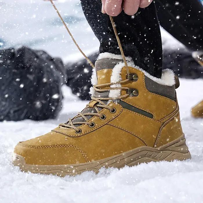 Bottes de neige pour hommes en peluche courte, bout rond, talons faibles, semelles en caoutchouc, bottes de randonnée hivernale pour homme