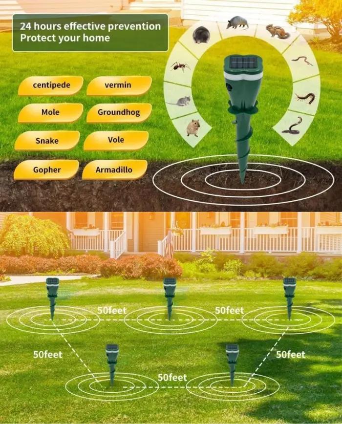 Répulsif serpent taupe à énergie solaire pour déranger les parasites ultrasoniques en plein air jardin piscine庭院驱蛇鼠太阳能超声波防虫器
