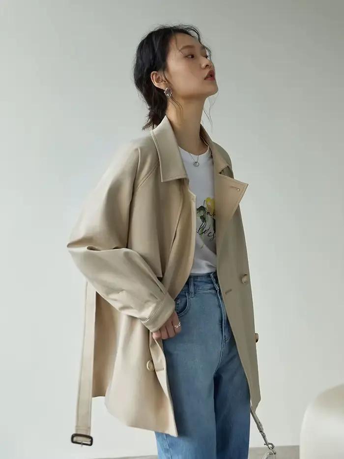 ZIQIAO-Manteau à col rabattu pour femme, manches régulières complètes, ingent, Tradt, droit, court,